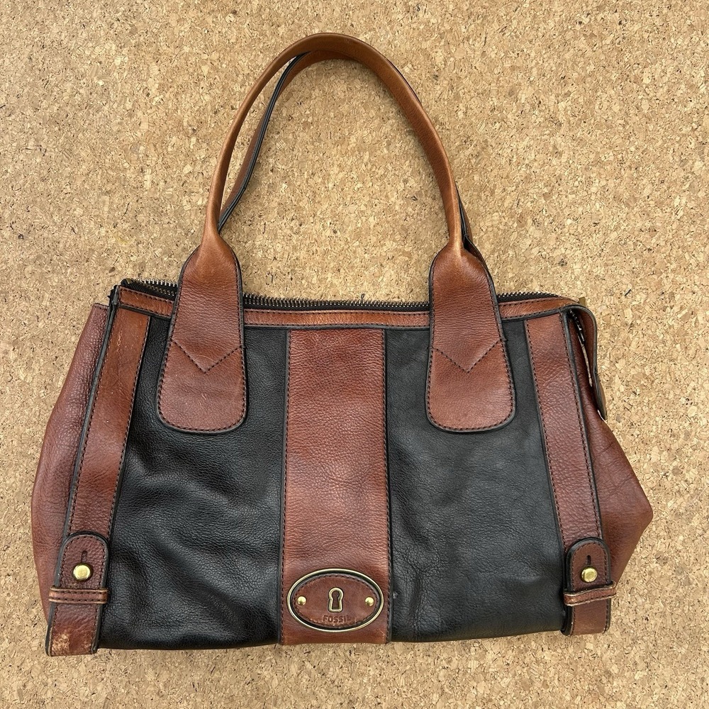 Fossil Leather Satchel Brown Heritage Vintage Reissue Retro Tote Shoulder Bag